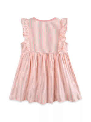 Pink striped baby dress with ruffle sleeves and gathered skirt.