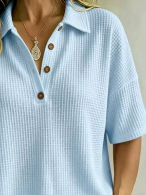 Full Size Waffle Knit Polo Top Plus Size, model styling view