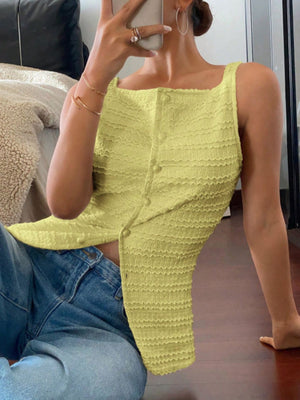 Yellow wavy textured button-front tank top with square neckline