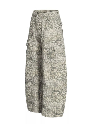 Leopard print wide-leg cargo sweatpants with flap pockets.