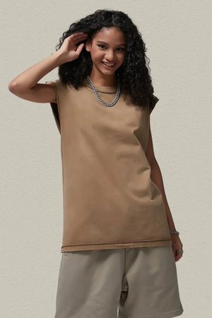 Washed cotton cut-off tank top in khaki with raw hem detail.