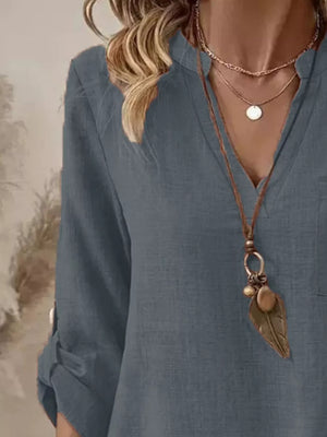 Casual V-neck Roll-sleeve T-shirt With Pocket in Khaki, fit detail