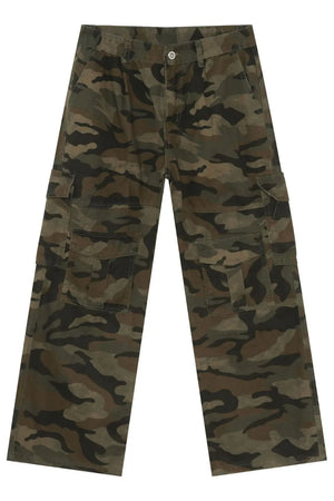 Cargo camo wide-leg utility trousers with multiple pockets and a green camouflage pattern.