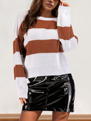 Wide Stripe Boatneck Knit sweater in Caramel and white.