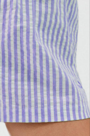 Seersucker boxer shorts in blue purple stripe pattern, breathable loungewear.