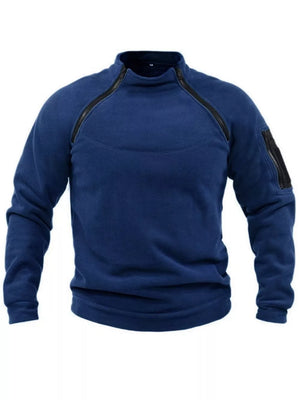 Men's navy fleece sweatshirt with zippered chest and sleeve pockets