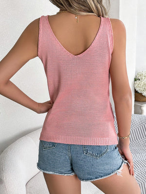 Dusty Pink openwork leaf knit cami with V-neck and ribbed hem.