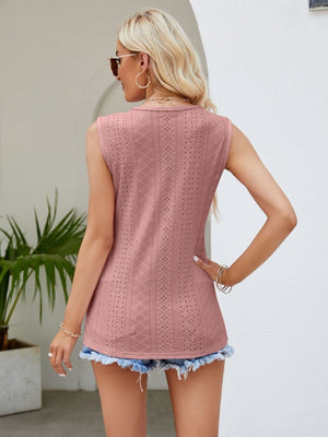 Scalloped eyelet tank top in dusty pink with center lace detail and diamond pattern.