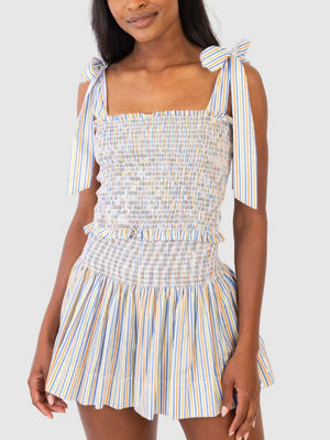 Rainbow striped smocked bodice and shorts set with tie straps