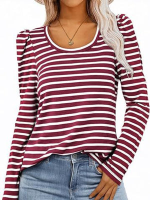 Burgundy and white striped tee with puff sleeves and scoop neck.