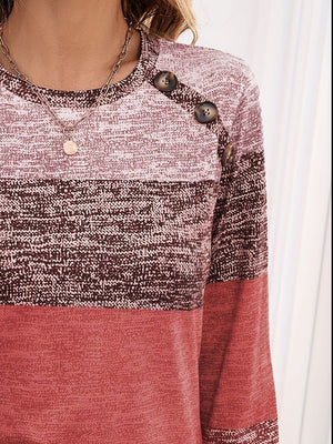 Marled stripe knit sweater with button shoulder detail in terracotta and pink marled.