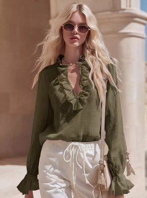 Army green maternity shirt with V-neck ruffles and bell sleeves.