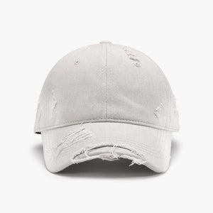 Light Gray distressed denim baseball cap with frayed details.