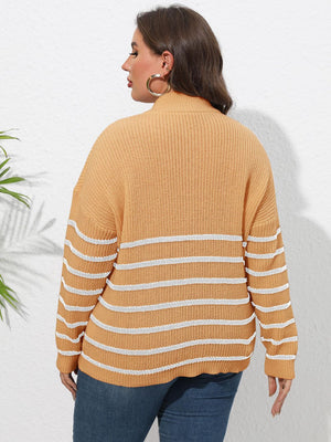 Tangerine ribbed knit sweater with white horizontal stripes and band collar.