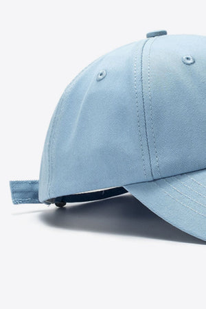 Sky blue cotton baseball cap with adjustable strap detail