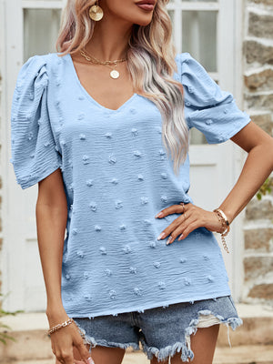 Blue textured dotty puff sleeve blouse with V-neck
