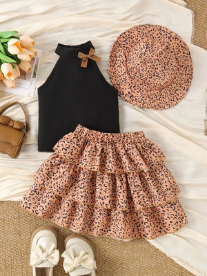 Children's Halter Top & Leopard Ruffled Skirt Set in Black, front view