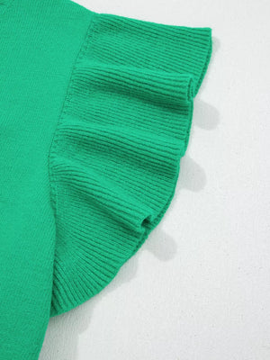 Green ribbed knit top with ruffled short sleeves and round neck.