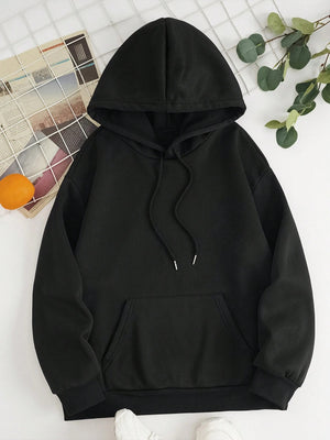 Black oversized hoodie with pouch pocket and drawstring hood
