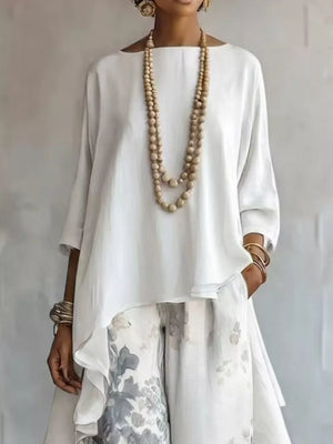 Asymmetrical Hem Top And Floral Pants Set, side view