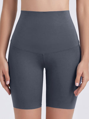 Charcoal high-waist bike shorts with a seamless contour fit and v-seam detail.