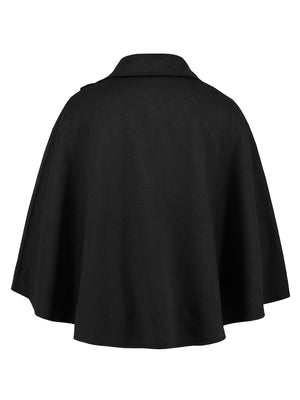 Black asymmetric cape jacket with collar and button front detail