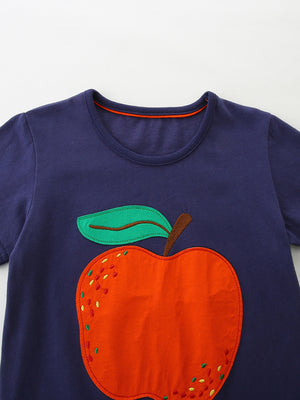 Navy toddler t-shirt with orange apple appliqué and green leaf detail.