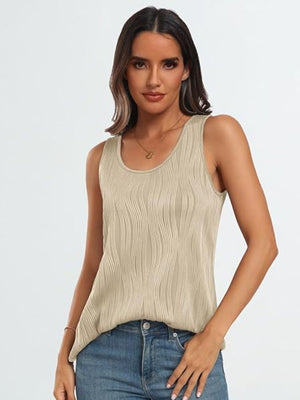 Tan textured wave tank top with scoop neck