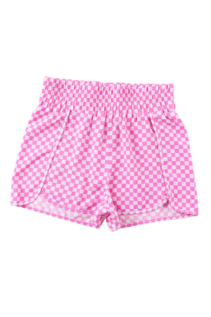 Pink checkered shorts with elastic waist and scalloped hem