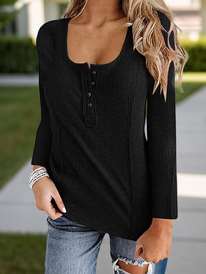 Black ribbed henley scoop neck top with button detail