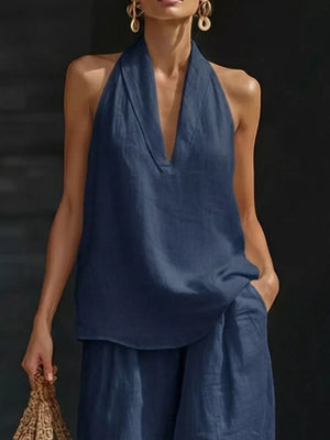 Dark blue halter neck top with flowing wide-leg pants set, V-neck, sleeveless, casual breezy outfit