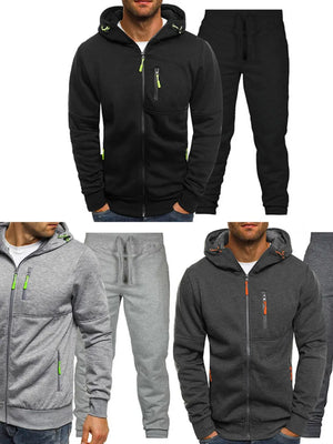Tech-inspired zip-up tracksuit set with neon green zipper accents in black, gray, and dark gray.