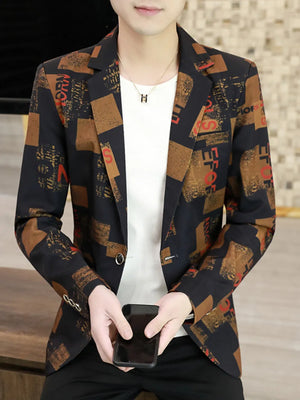 Men's slim fit blazer with abstract print in black, brown, and red.
