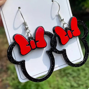 Mickey Mouse inspired bow drop earrings in red and black glitter acrylic.