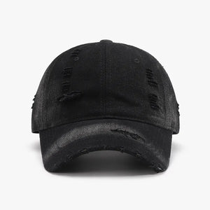 Black shredded canvas baseball cap with distressed details