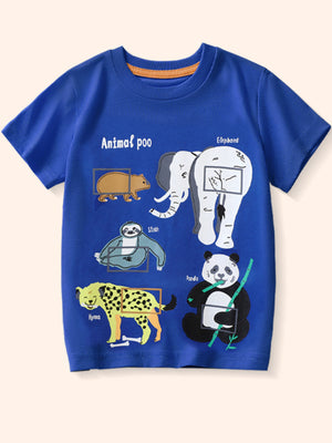 Royal blue cotton crew neck t-shirt with playful animal print graphic and text.
