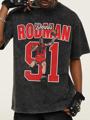 Men's dark gray graphic t-shirt with Dennis Rodman and number 91 print