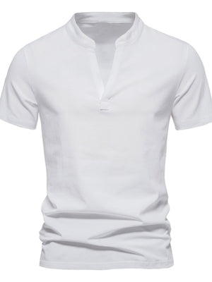 Men's white cotton short sleeve t-shirt with V-neck and collar detail