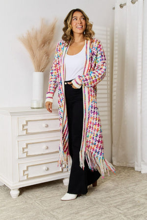 Chromatic crochet maxi cardigan with fringe detail in Multi color.