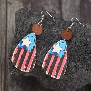 Patriotic wood teardrop earrings with American flag design and wooden accent.