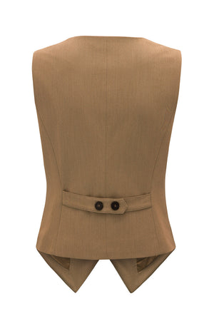 Camel V-neck button-down vest with adjustable back tabs and two buttons.