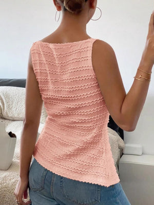 Peach wavy textured button-front tank top with a square neckline.