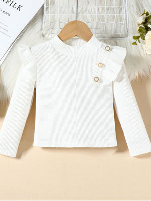 White ribbed long sleeve top with ruffled shoulder and decorative buttons