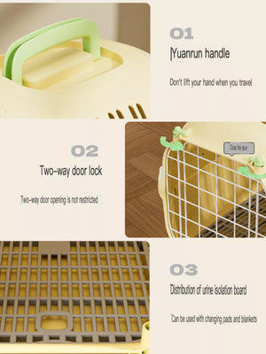 Cheerful pet carrier bag in pastel yellow with green handle and two-way door lock.