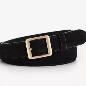 Black cowhide leather belt with square gold buckle