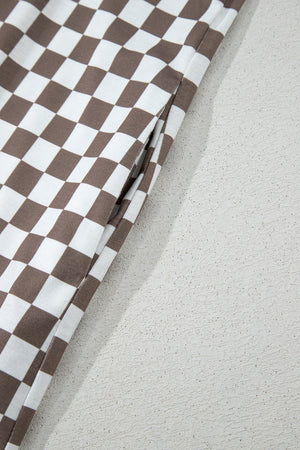 Checkered palazzo jumpsuit in mocha with a visible side pocket detail.