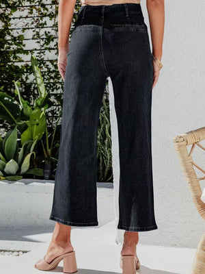 Black button-front wide-leg cropped jeans with a high waist.