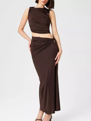 Asymmetrical Ruched Knit Top And Skirt Set in Yellow Green, side view