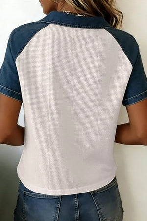 Textured Color Block Denim Polo Collar Tee, model styling view