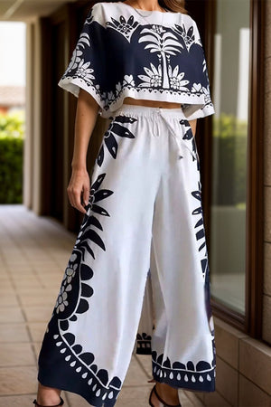White monochrome botanical print crop top and palazzo pants set